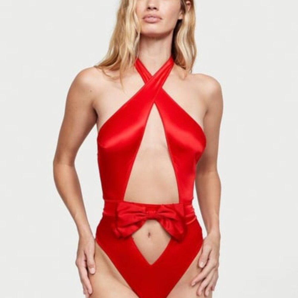XS Victoria's Secret Candy Cane Dreams Bodysuit | Lipstick Red Satin